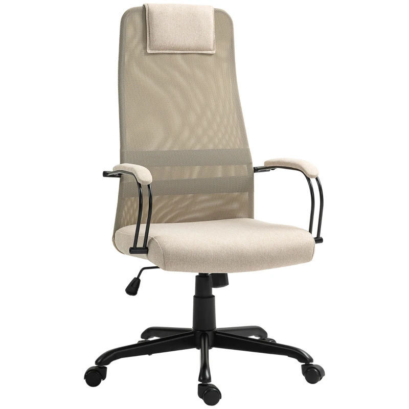 HOMCOM Scaun de Birou Ergonomic Rotativ cu Reclinare, Înălțime Reglabilă și Roți, 58x61x115-125 cm, Bej