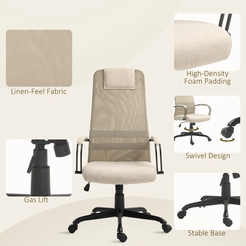 HOMCOM Scaun de Birou Ergonomic Rotativ cu Reclinare, Înălțime Reglabilă și Roți, 58x61x115-125 cm, Bej