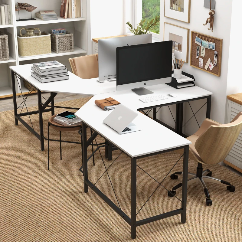 HOMCOM Secretária em Forma de L Secretária para Escritório com Estrutura de Metal Secretária de Canto 150x150x76 cm Branco e Preto