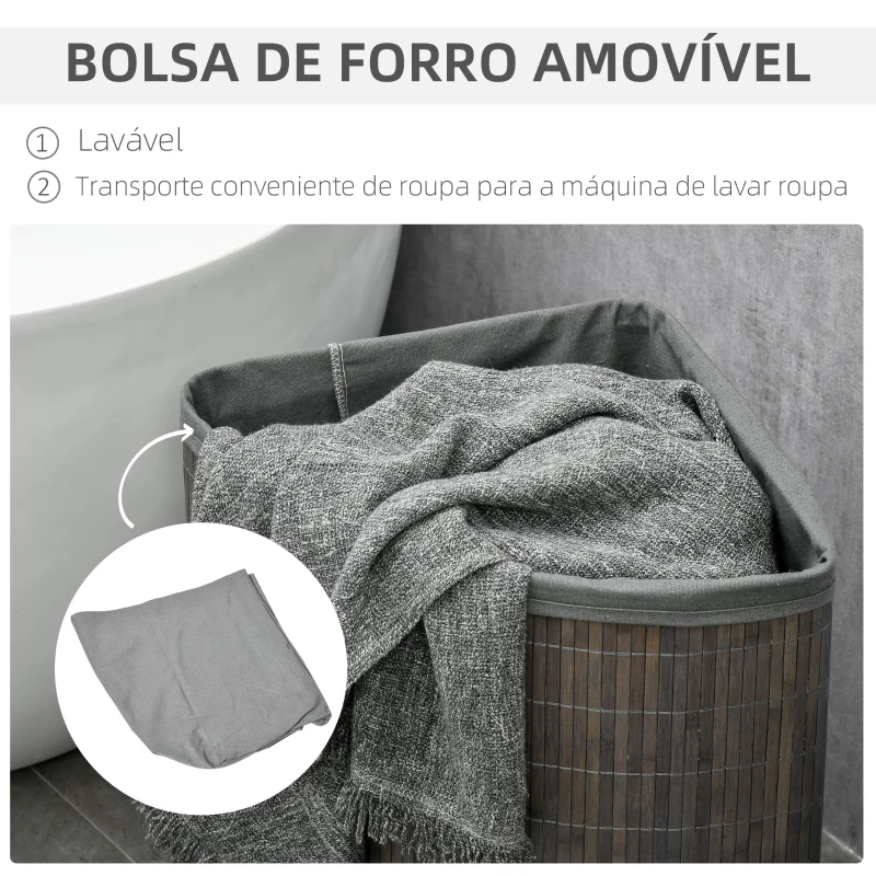 HOMCOM Cesto de Roupa de Bambu Capacidade de 55L Cesto para Roupa Suja com Tampa e Bolsa Amovível 38x38x57 cm Cinza