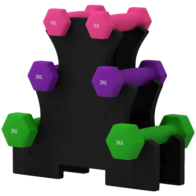 SPORTNOW Conjunto de Halteres Hexagonais 2x1 kg 2x2 kg 2x3 kg com Suporte de Armazenamento para Treino em Casa Multicolor