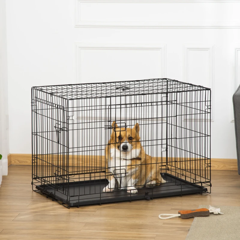PawHut Lot de 2 cages pour chiens caisse de transport pliante pour chien en acier noir 92 x 57 x 62,5 cm