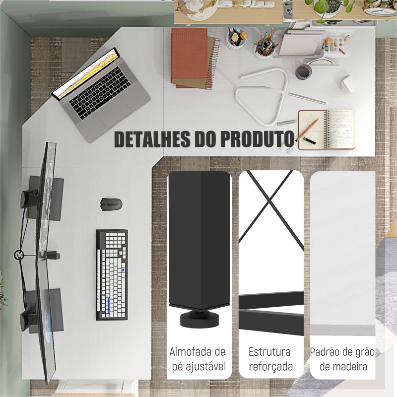 HOMCOM Secretária em Forma de L Secretária para Escritório com Estrutura de Metal Secretária de Canto 150x150x76 cm Branco e Preto