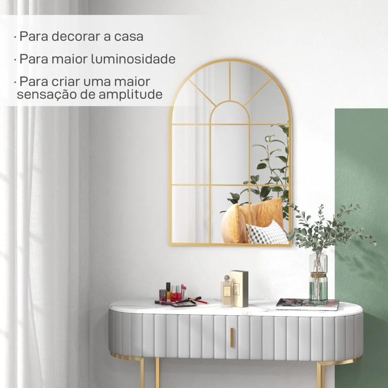 HOMCOM Espelho Decorativo de Parede 60x91 cm Espelho em Forma de Arco de Metal Estilo Moderno Dourado