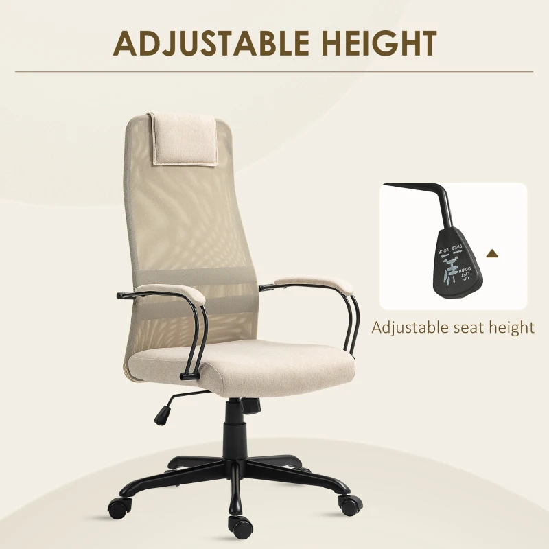 HOMCOM Scaun de Birou Ergonomic Rotativ cu Reclinare, Înălțime Reglabilă și Roți, 58x61x115-125 cm, Bej