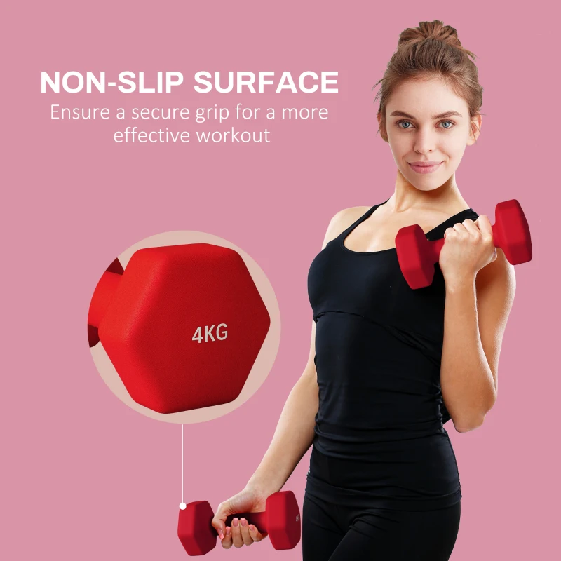 SPORTNOW Set de 2 Greutăți Hexagonale, Gantere cu Prindere Antiderapantă pentru Antrenament de Fitness, 2x4 kg,19x9x9 cm, Roșu