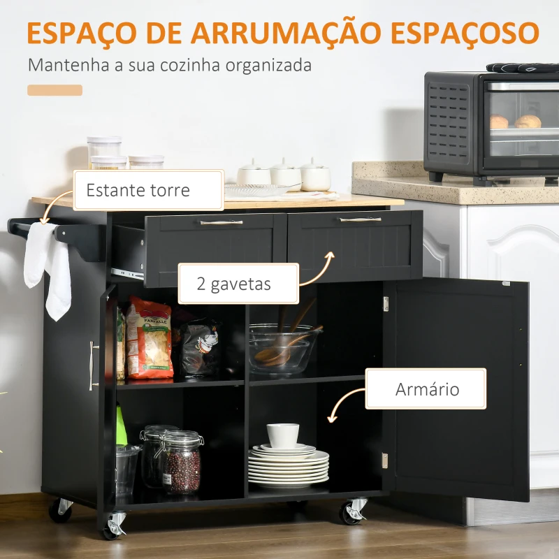 HOMCOM Carrinho de Cozinha com Rodas Móvel Auxiliar de Cozinha com 2 Gavetas 2 Portas Prateleira Ajustável  104x46x91 cm Preto