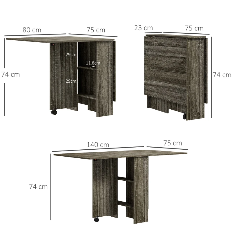 HOMCOM Folding Dining Table, Drop Leaf Table for Small Spaces with 2-tier Shelves, Small Kitchen Table with Rolling Casters, Grey