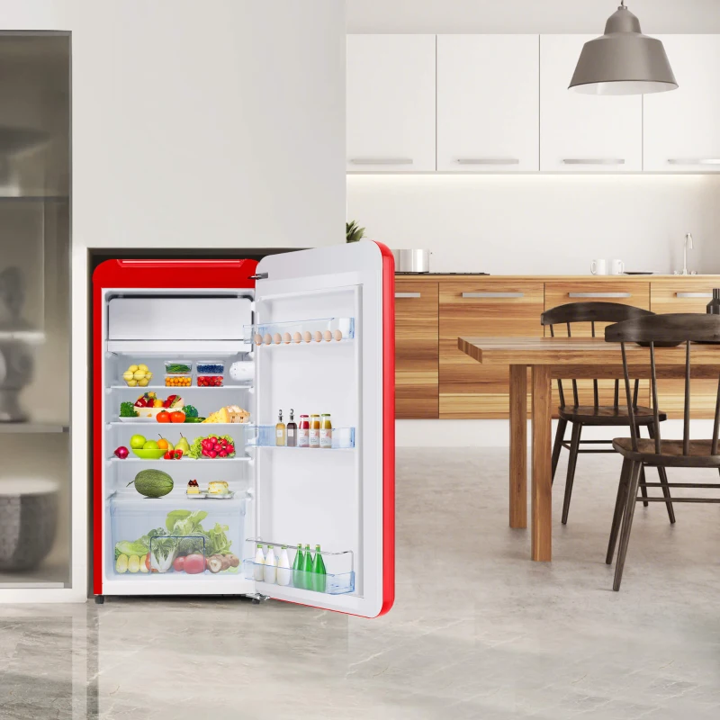 Réfrigérateur Portable à Une Porte avec Mini Congélateur, Capacité Totale de 91 Litres, Consommation Annuelle de 85 kWh, Lumière LED, 48x51x87,5 cm, Rouge
