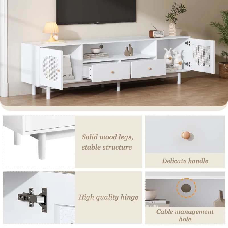 Modern TV Stand with 2 Rattan Doors and 2 Storage Drawers, Cable Management, TV Cabinet for Bedroom, Living Room, 180x40x56 cm, White