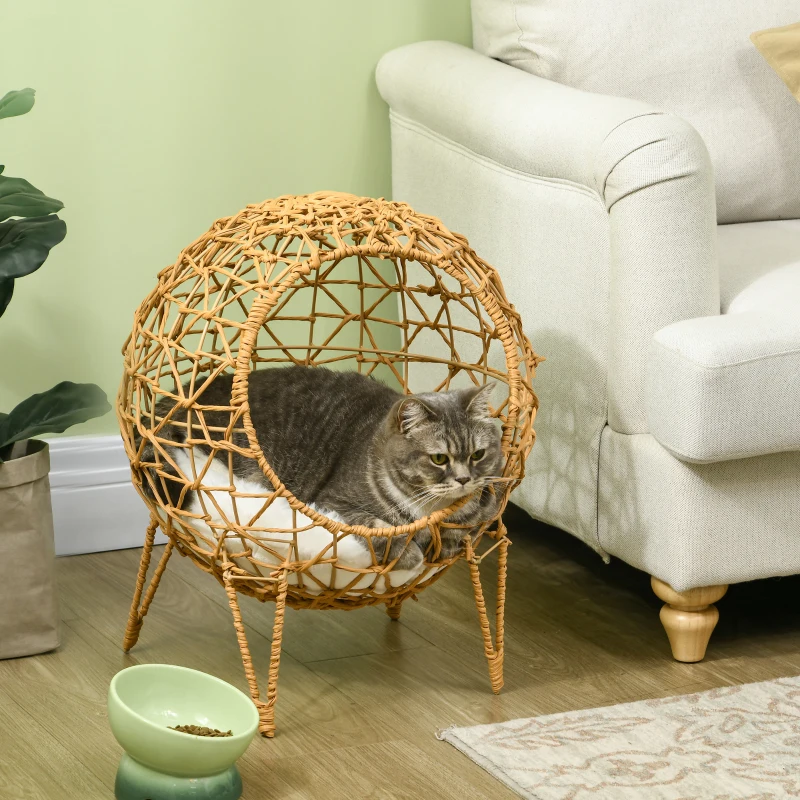 Pawhut Rattan Katzenkorb Katzenhöhle Katzenhütte Katzenbett mit Kissen erhöhtes Design Haustierbett Braun Ø45 x 57H cm