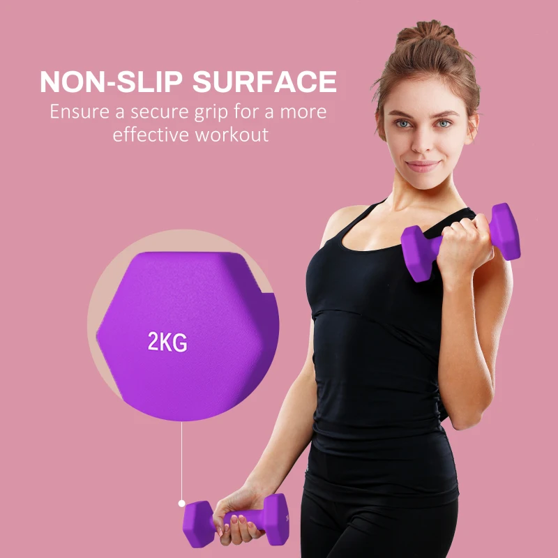 SPORTNOW Set de 2 Greutăți Hexagonale, Set de Gantere Pereche cu Prindere Antiderapantă pentru Antrenament de Fitness la Domiciliu, 16x7.5x7.5 cm, Violet