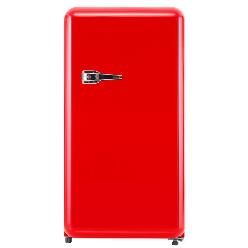 Tragbarer Kühlschrank mit Einzeltür und Mini-Gefrierfach, Gesamtkapazität 91 Liter, Jährlicher Verbrauch 85 kWh, LED-Beleuchtung, 48x51x87,5 cm, Rot.
