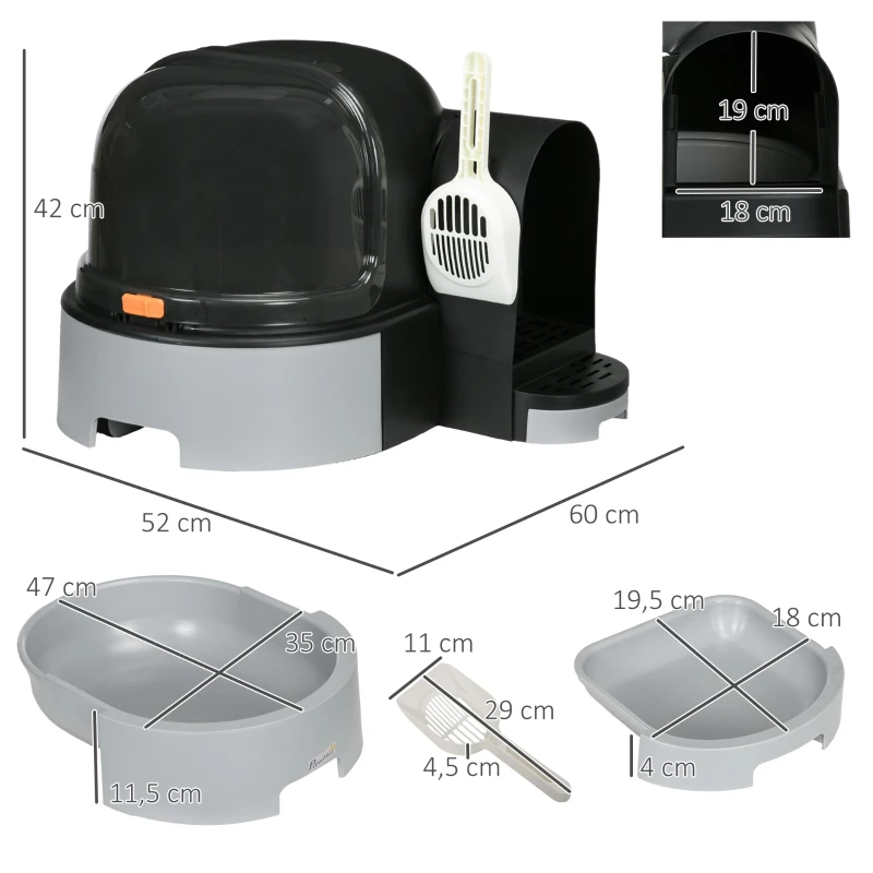 PawHut Kattenbak met 2 uitschuifbare bodemladen, 1 schepje, opvangbak voor strooisel, grijs + zwart