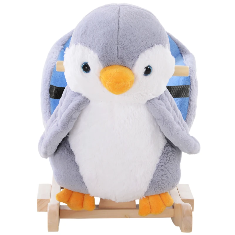 HOMCOM Balansoar Pinguin din Pluș cu Melodii și Centură de Siguranță, Balansoar pentru Copii, 60x33x50 cm, Gri