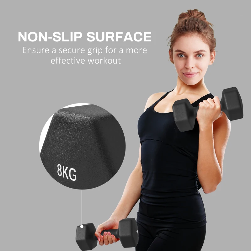 SPORTNOW Set de 2 Greutăți Hexagonale, Gantere cu Prindere Antiderapantă pentru Antrenament de Fitness, 24x11x11 cm, Negru