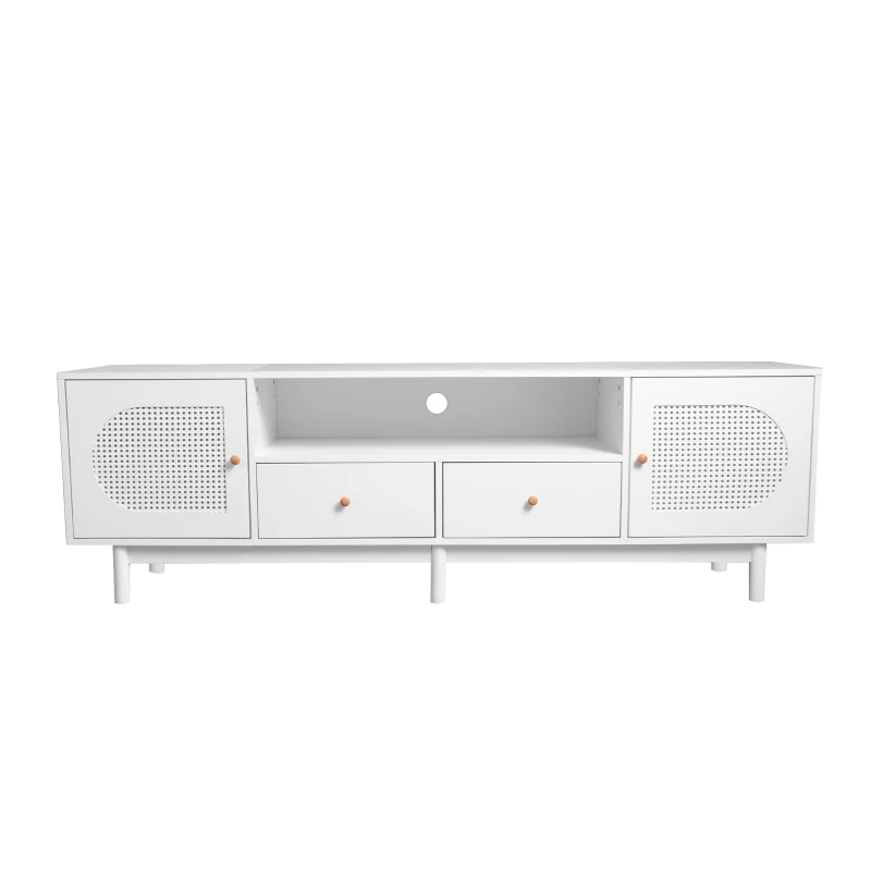 Modern TV Stand with 2 Rattan Doors and 2 Storage Drawers, Cable Management, TV Cabinet for Bedroom, Living Room, 180x40x56 cm, White