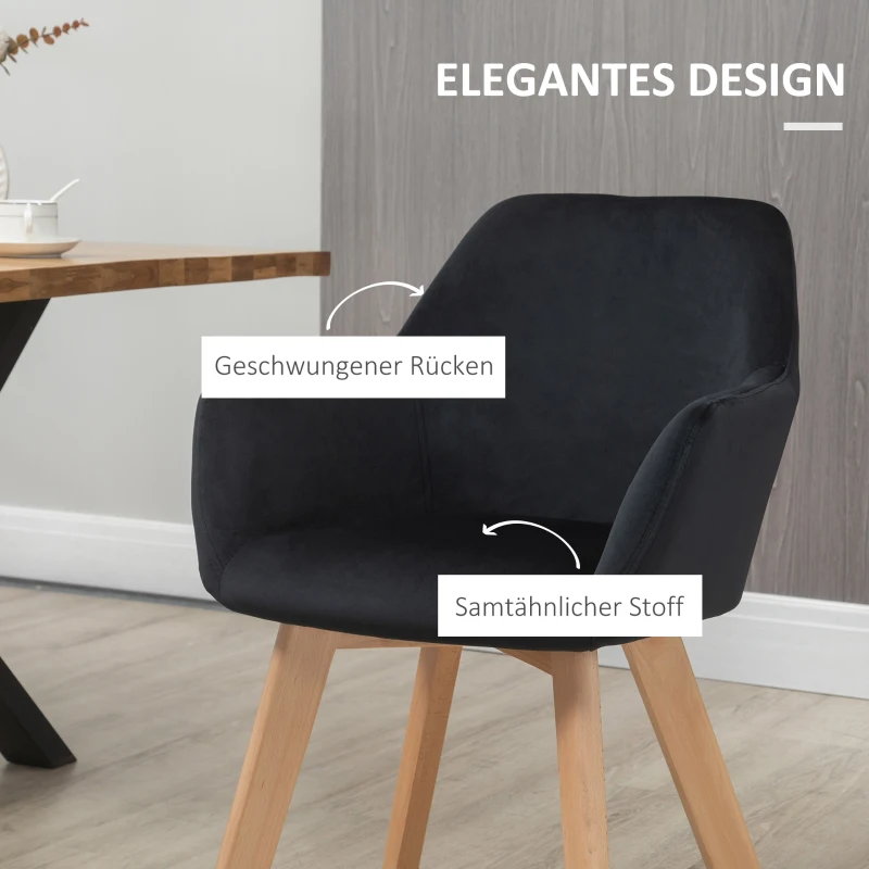 HOMCOM Eetkamerstoelen, 2-delig, modern ontwerp, velourslook, rubberhout, 54x57x80 cm, Zwart