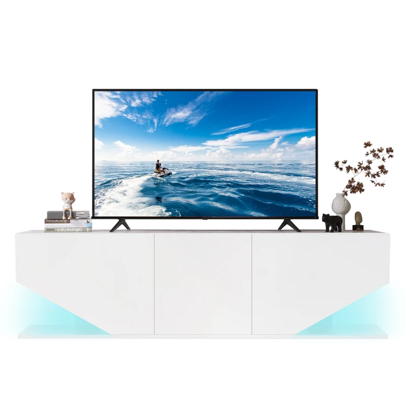 Modern LED TV Unit for Up to 65-inch TV,  Entertainment Cabinet with 3 Cabinets and 2 Open Shelves, 140x30x38.2 cm, White