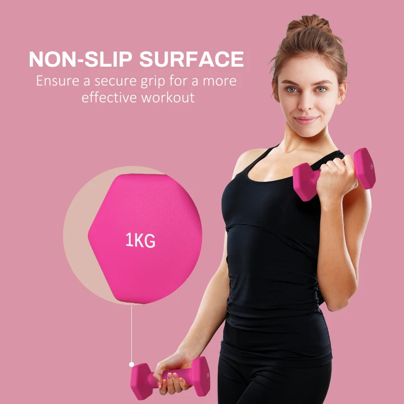 SPORTNOW Set de 2 Greutăți Hexagonale, Set de Gantere cu Prindere Antiderapantă pentru Antrenament de Fitness Acasă, 2x1 kg, 13x5x5 cm, Roz