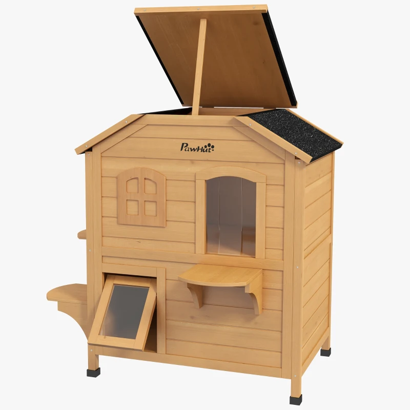 PawHut 2-story Cat House Outdoor, Weatherproof Wooden Cat Enclosure for Feral Cats with Escape Door, Openable Roof, Jumping Platforms, Natural Wood Finish