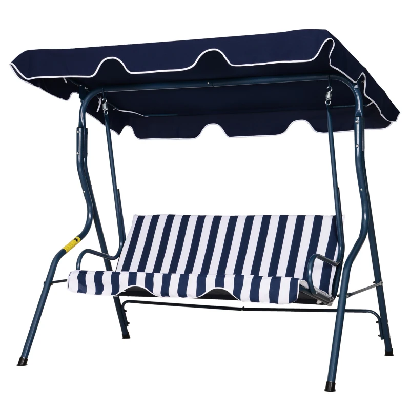 Outsunny Baloiço de Jardim de 3 Lugares com Estrutura de Metal Almofada Toldo Ajustável Balcão Terraço Patio Carga Máx. 200kg 170x110x153cm Azul e Branco
