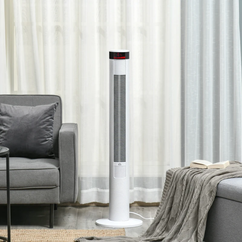 HOMCOM Ventilator Coloana cu 3 Viteze si 4 Moduri, Timer de12h, Panou LED si Telecomanda, Alb