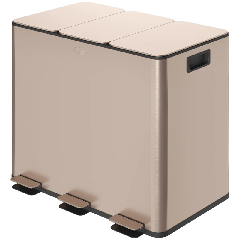 HOMCOM 45L Triple Compartment Stainless Steel Bin, with Deodoriser Holders - Gold Tone