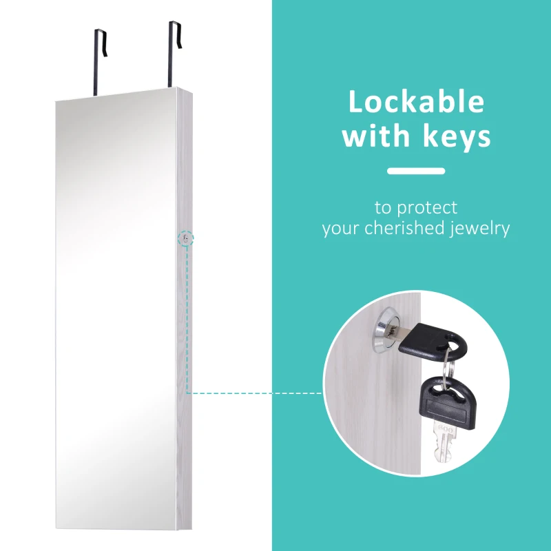 HOMCOM Oglindă pentru Bijuterii cu 6 Lumini LED și Spații de Depozitare, 37x10x120 cm, Alb