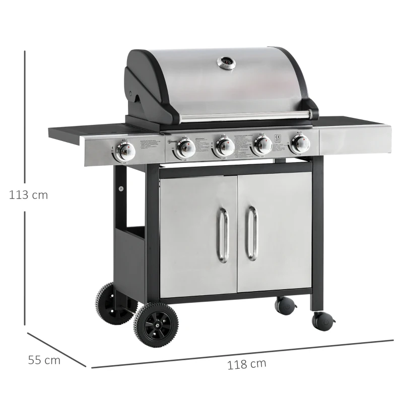 Outsunny Barbacoa de Gas con 4+1 Quemadores 15,2 KW Parilla de Gas BBQ de Acero con Termómetro 2 Mesas Laterales Armario de 2 Puertas y Ruedas con Frenos 118x55x113 cm Plata