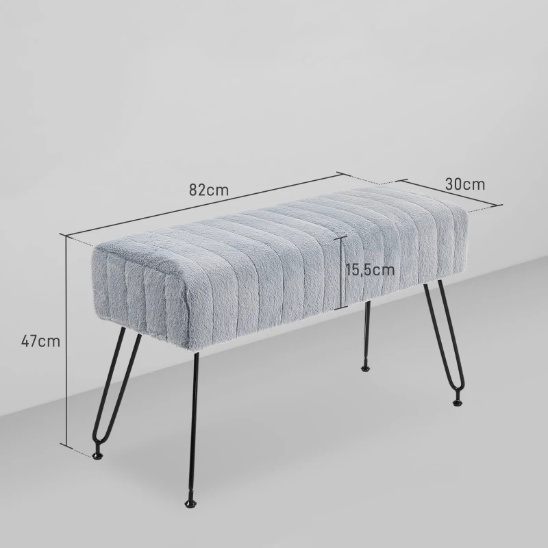 HOMCOM Ławka, Pikowane Siedzisko, Okładka z Sztucznego Futra, Metalowe Nogi, do 120 kg, 82x30x47 cm, Szary/Czarny