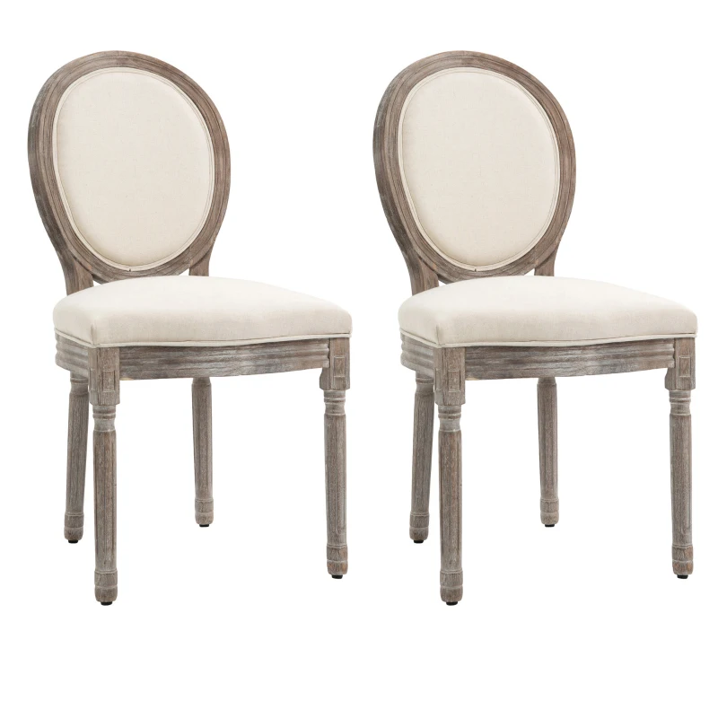 HOMCOM Dining Chairs Set of 2, French-Style Upholstered Kitchen Chairs with Padded Seats, Wood Frame and Round Back, Cream White