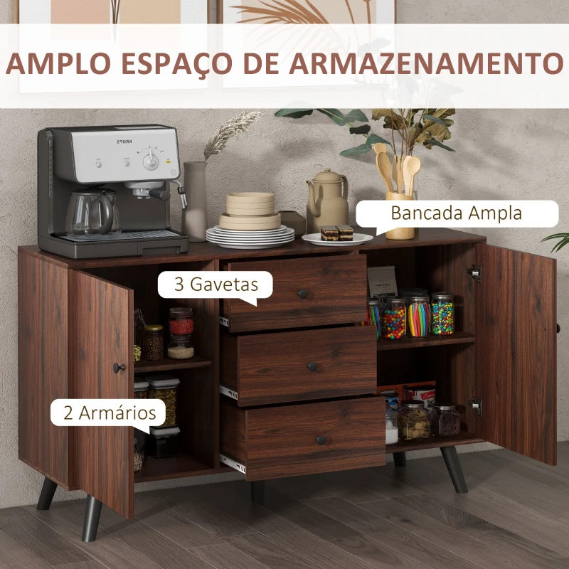 HOMCOM Aparador para Sala de Estar Aparador Buffet Moderno com 2 Portas e 3 Gavetas para Sala de Jantar 127x40x76 cm Marrom