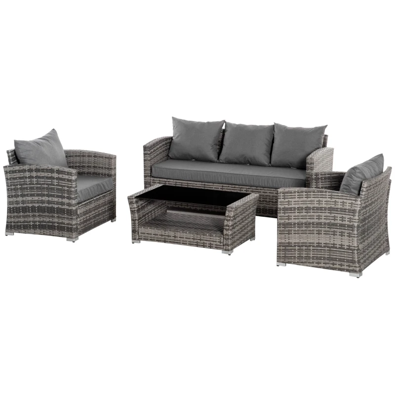 Outsunny Set Salotto da Giardino in Rattan PE con Divano 3 Posti, 2 Poltrone e Tavolino con Vetro, Grigio