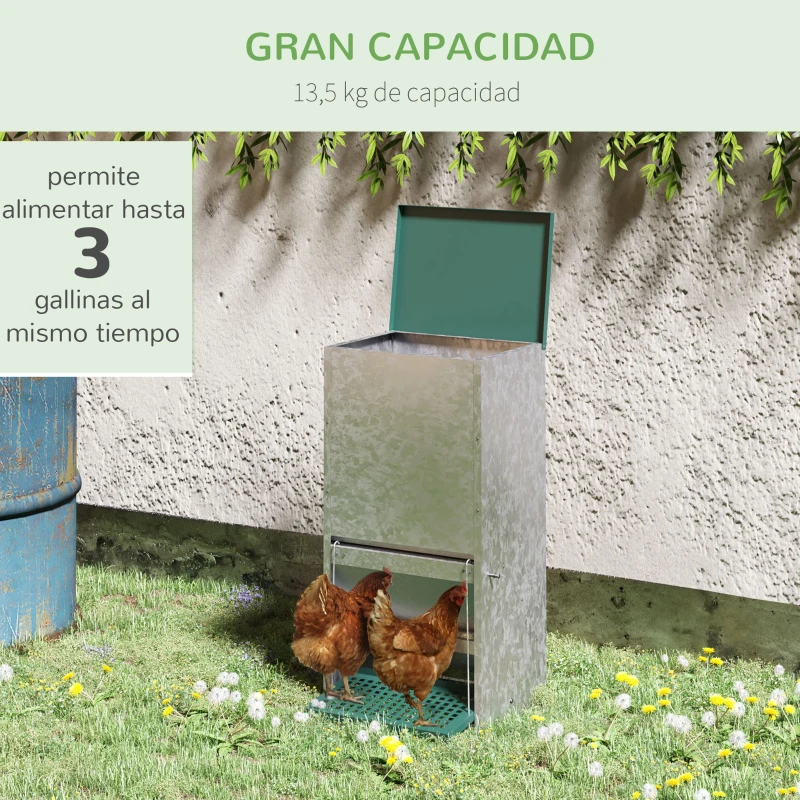 PawHut Comedero para Aves de Corral de 24L de Capacidad Comedero para Gallinas con Apertura Abrible Automática y Pedal Resistente Agua 33,5x38,5x66 cm Plateado y Verde