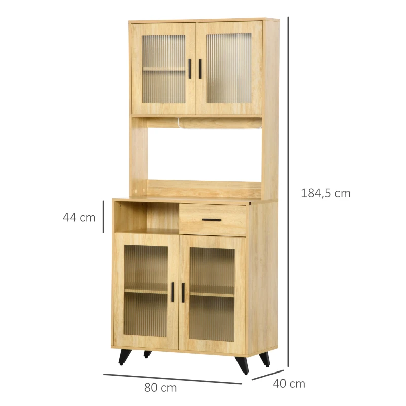 HOMCOM Aparador Alacena de Cocina Mueble Auxiliar con Puertas de Vidrio para Comedor Salón 80x40x184,5 cm Natural