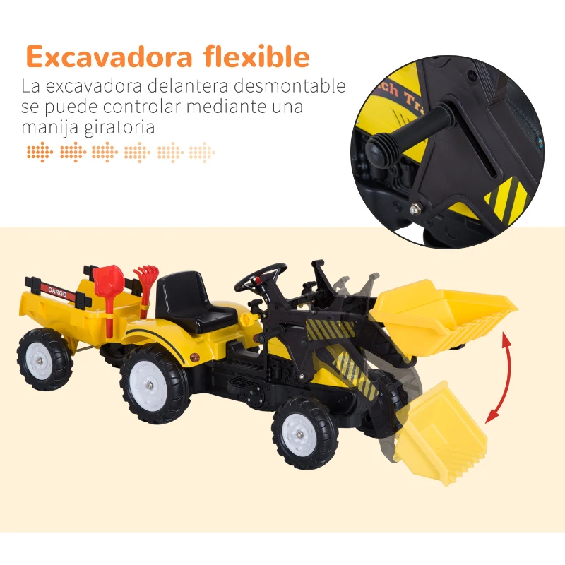 HOMCOM Tractor Pedales Excavadora Infantil Juguete de Montar con Cargador Frontal con Tráiler para Niños 3 Años Carga 35 kg 167×41×52cm
