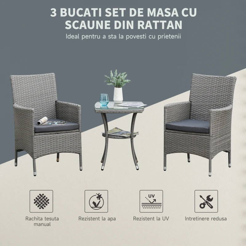 Outsunny Set Masuta si Scaune de Gradina, Sufragerie de Exterior din Ratan, Gri