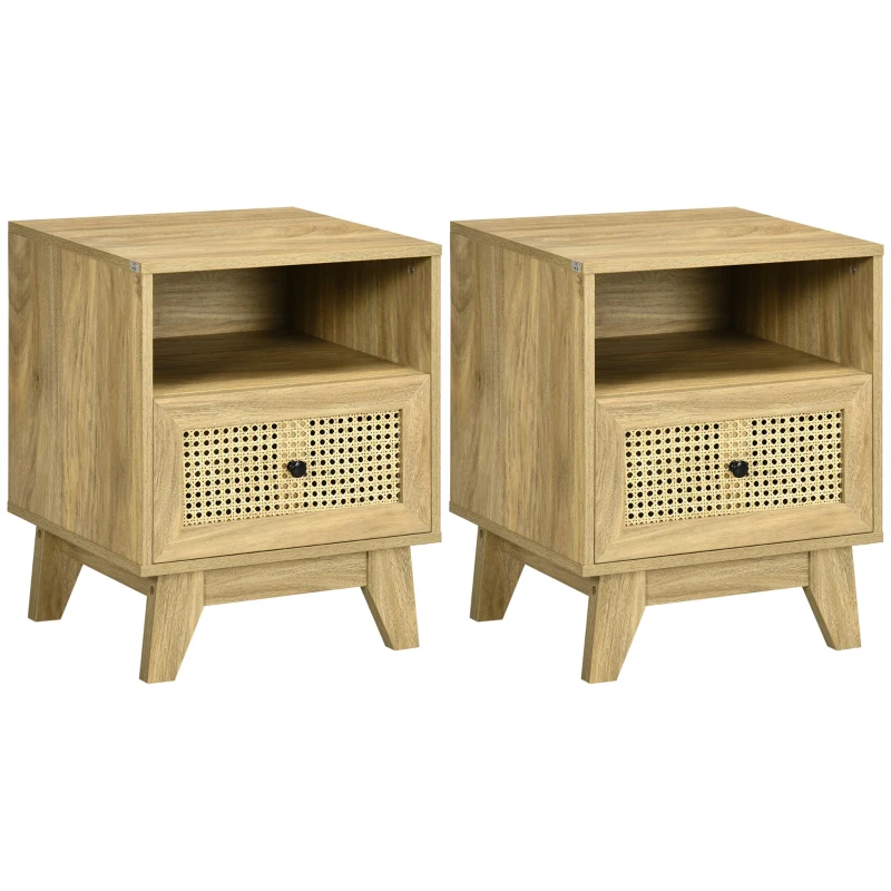 HOMCOM Lot de 2 tables de chevet  table de nuit avec tiroir porte cannage et niche vintage 45 x 39 x 56,5 cm