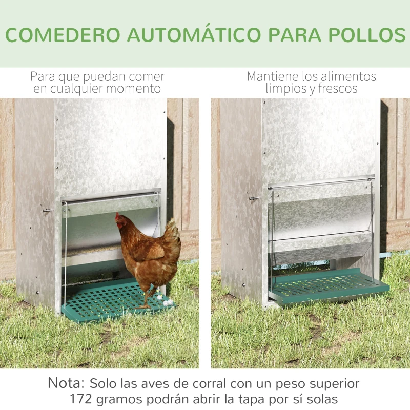 PawHut Comedero para Aves de Corral de 24L de Capacidad Comedero para Gallinas con Apertura Abrible Automática y Pedal Resistente Agua 33,5x38,5x66 cm Plateado y Verde