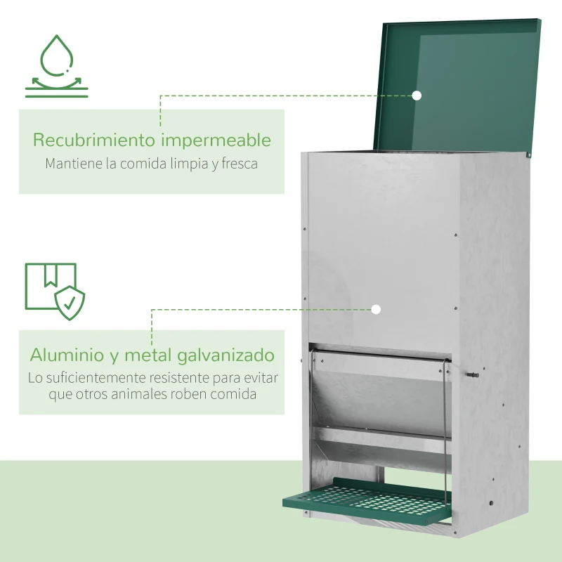 PawHut Comedero para Aves de Corral de 24L de Capacidad Comedero para Gallinas con Apertura Abrible Automática y Pedal Resistente Agua 33,5x38,5x66 cm Plateado y Verde