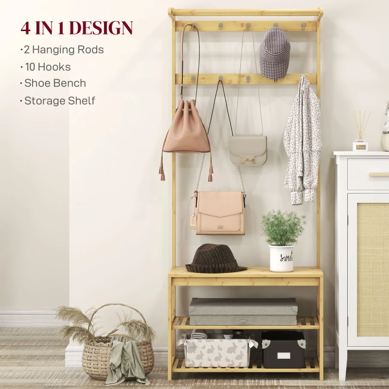 HOMCOM Suport de Haine cu 10 Cârlige, 2 Bare și Bancă pentru Pantofi, Suport de Haine de Podea, 70x31x170 cm, Maro