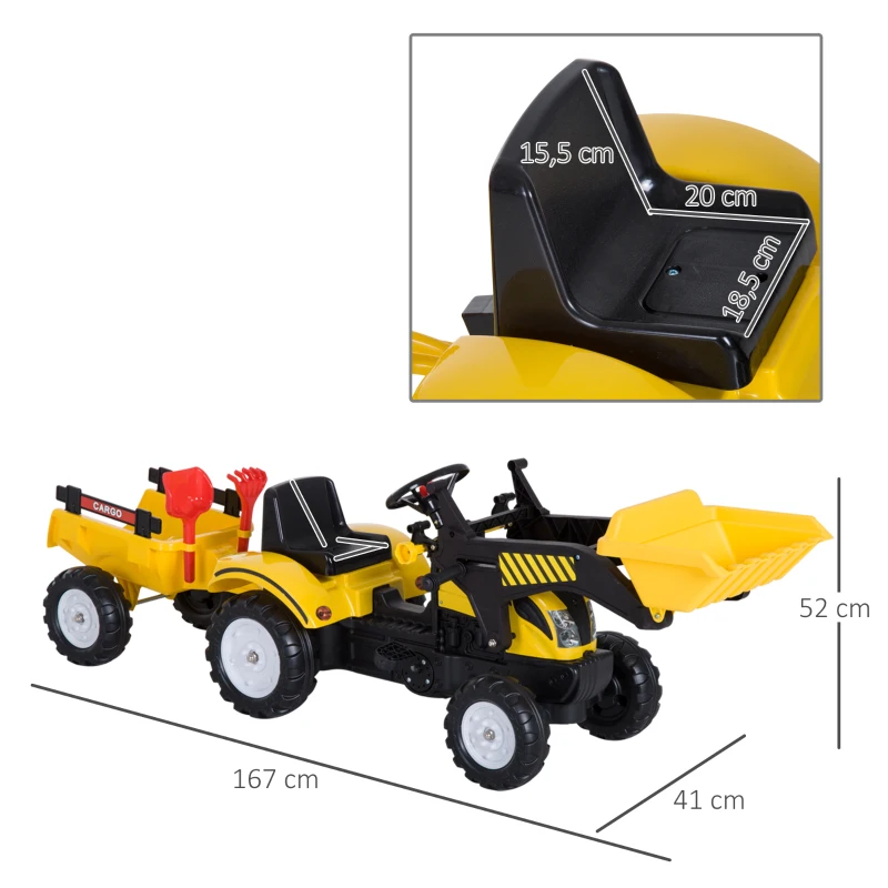 HOMCOM Tractor Pedales Excavadora Infantil Juguete de Montar con Cargador Frontal con Tráiler para Niños 3 Años Carga 35 kg 167×41×52cm