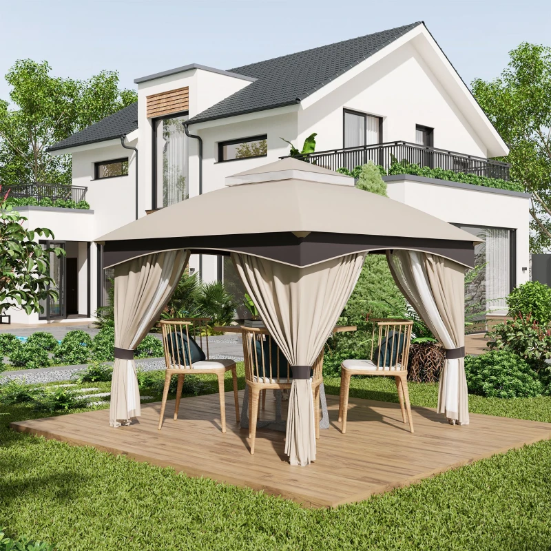 Outsunny Foisor pentru gradina 3m x 3 m, Adapost copertina foisor exterior cu acoperis dublu cu plasa & draperii, Cadru din otel galvanizat pentru gradina, gazon, curtea din spate si punte