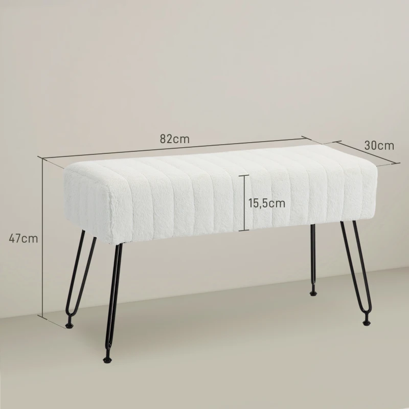 HOMCOM Ławka tapicerowana w pikowanie, pokryta sztucznym futrem, nogi z metalu, do 120 kg, 82x30x47 cm, Kremowy biały/Czarny