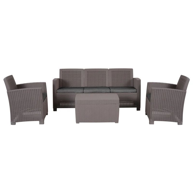 Outsunny Salottino Esterni Componibile in PP Effetto Rattan Set da 4 Pezzi Grigio con Divano, Poltrona, Tavolo Contenitore e Cuscini