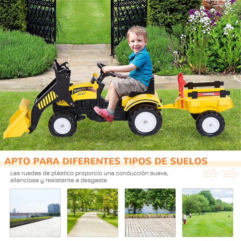 HOMCOM Tractor Pedales Excavadora Infantil Juguete de Montar con Cargador Frontal con Tráiler para Niños 3 Años Carga 35 kg 167×41×52cm
