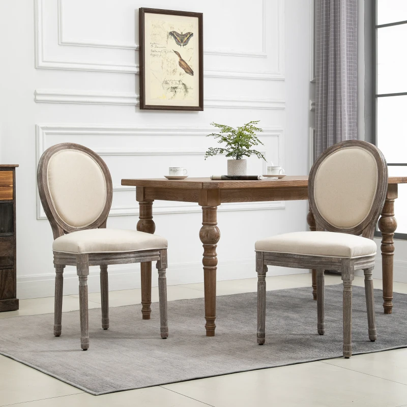 HOMCOM Dining Chairs Set of 2, French-Style Upholstered Kitchen Chairs with Padded Seats, Wood Frame and Round Back, Cream White
