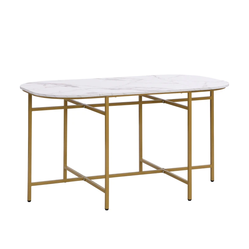 Six-Chair Dining Table Set, Modern Dining Table and Chairs with Backrests and Upholstery, Gold Iron Frame, 140x80x76 cm, Gold