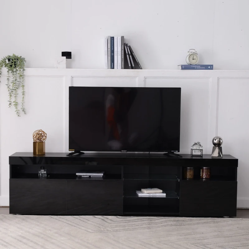 Moderner TV-Schrank mit LED-Beleuchtung, Hochglanz und Glaselementen, Schwarz